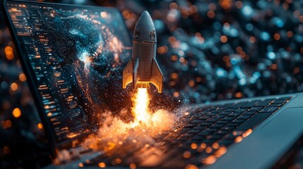 Fototapete - An imaginative scene where a rocket bursts into flight from a laptop, surrounded by captivating galactic visuals, showcasing the fusion of technology and creativity.