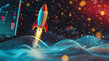 Fototapete - A dynamic scene showcases a retro-style rocket launching from an open laptop, surrounded by vibrant sparks and cosmic elements, emphasizing creativity and innovation.