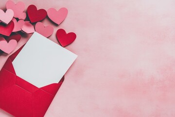 Poster - A Saint Valentine's Day holiday setting featuring an envelope, paper card, and assorted red hearts to convey a romantic love message, presented in a flat lay composition