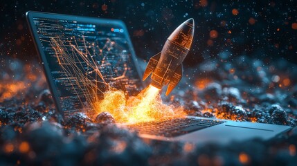 Poster - An illustration features a sleek rocket blasting off from a laptop amidst fiery clouds, symbolizing technological advancements and the future of exploration.