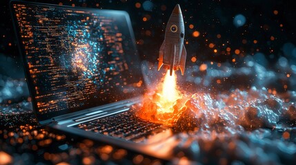 Fototapete - A creative rocket bursts from a laptop's keyboard in a dazzling display of light and color, embodying the spirit of innovation, exploration, and limitless possibilities in technology.