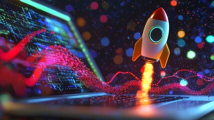 Fototapete - A whimsical scene features a rocket igniting from an open laptop, with fluid patterns and vivid colors, symbolizing the interplay between technology and human creativity.