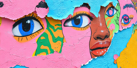 Poster - Graffiti Mural of Fragmented Faces with Blue Eyes