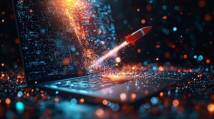 Poster - A captivating visual of a vivid rocket blasting off from a laptop in a digital environment, reflecting the power of technology and the significance of creative pursuits in our lives.