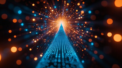 Poster - Digital Network Connection Converging on a Bright Point, Abstract Technology Illustration