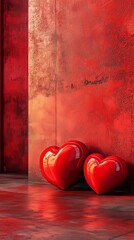 Poster - A 3D rendering of a red podium background for a product, featuring symbols of love for Valentine's Day, a women's holiday