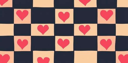 Poster - A seamless pattern illustration of red love hearts is set against a checkered romantic pink hearts background print, suitable for Valentine's day holiday backdrop texture and romantic wedding design