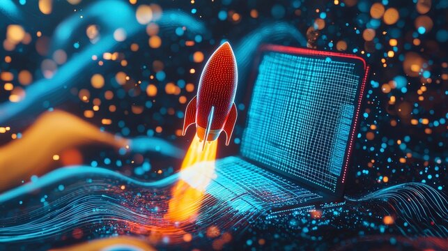 This vibrant image features a rocket launching from a laptop, symbolizing innovation and digital growth amid a backdrop of colorful abstract waves and sparkles.