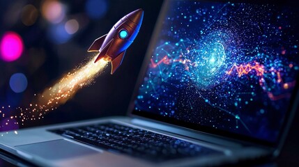 Poster - This energetic image illustrates a rocket blasting off from a laptop, surrounded by bright sparks and abstract swirls, representing the excitement of technological advancement.