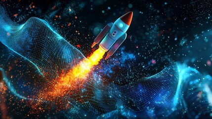 Fototapete - A vibrant rocket is soaring through a starry cosmic space, represented with dazzling colors, sparks, and abstract waves, capturing the essence of adventure and exploration.