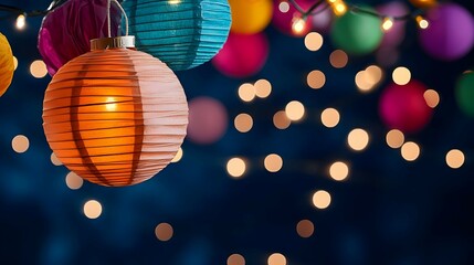 Colorful Paper Lanterns and String Lights at Night