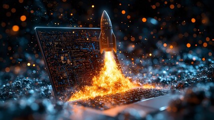 Fototapete - This mesmerizing image captures a rocket emerging from a laptop, symbolizing innovation and exploration, set against a mesmerizing cosmic backdrop with vibrant particles.