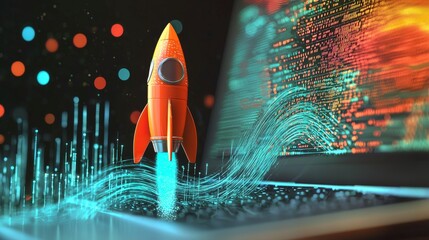 Fototapete - A vibrant rocket is seen launching from a computer, woven into an abstract artistic realm filled with mesmerizing light and colors, symbolizing innovation and excitement.