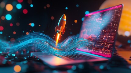 Poster - An artistic representation of a rocket ascending from a laptop in an abstract space filled with vibrant waves and colors, reflecting the essence of creativity and technology united.