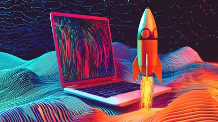 Poster - A bold rocket is depicted launching amid colorful waves, effectively illustrating the intersection of imagination, technology, and human curiosity in a captivating design.