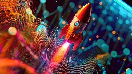 Poster - This vibrant image features a rocket soaring through abstract waves of color, symbolizing exploration and the limitless possibilities of technology and creativity.