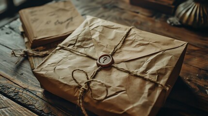 Wall Mural - A package wrapped in brown paper tied with twine and a wax seal with a question mark.