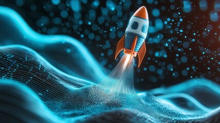 Poster - A breathtaking image depicting a rocket ascended over a wave of data, merging notions of technology and imagination with striking colors and abstract forms.