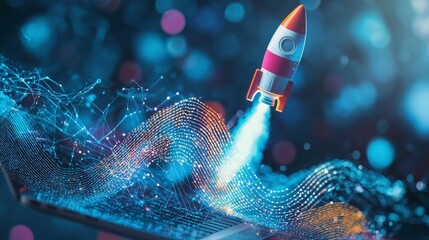 Poster - This imaginative image showcases a rocket bursting off a computer keyboard, illustrating the blend of technology with creativity and vibrant, abstract elements.
