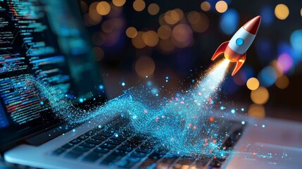 Fototapete - A rocket bursts off a laptop keyboard, leaving a trail of light, symbolizing innovation and the digital age, with a glowing abstract background that enhances the visual appeal.