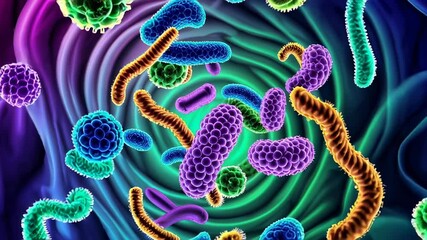 Aufkleber - Colorful microscopic organisms drifting and swirling in vibrant organic environment, representing complex microbial world through seamless animated scientific visualization