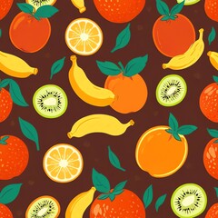 Wall Mural - Vibrant Fruit Pattern: A Delicious Seamless Design Featuring Bananas, Oranges, and Kiwis