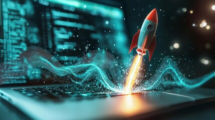 Poster - An imaginative scene of a rocket taking off from a laptop, enveloped in swirling abstract waves, expressing excitement, innovation, and limitless possibilities in technology and creativity.