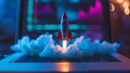 Poster - A colorful rocket emerges from a laptop, surrounded by abstract clouds, illustrating the fusion of digital technology and vivid imagination, capturing the essence of innovative aspirations.