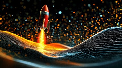 Poster - A vibrant rocket launching into a sea of abstract patterns and lights, reflecting the themes of exploration and growth in technology, symbolizing the drive to achieve great heights.