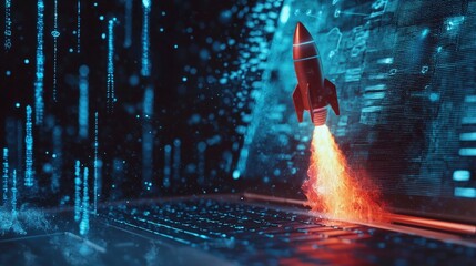 Poster - A vibrant rocket propelling from a laptop keyboard, showcasing a blend of digital technology and the excitement of space exploration against a cosmic background.