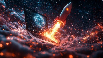 Poster - A visually stunning rocket emerges from a laptop, set against a cosmic background, symbolizing the boundless possibilities of technology and creative exploration.