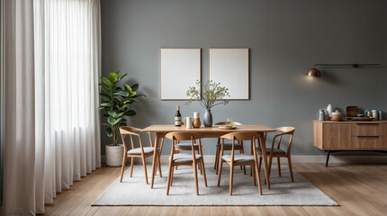 Wall Mural - a large dining table with wooden chairs and a vase of flowers in the center