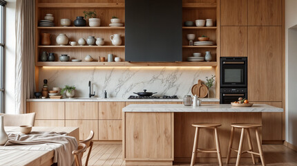 Wall Mural - a kitchen with a marble countertop and wooden cabinets