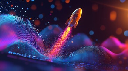 Poster - This striking image features a rocket soaring from a laptop against a backdrop of cosmic waves, highlighting the intersection of technology, exploration, and creative imagination.