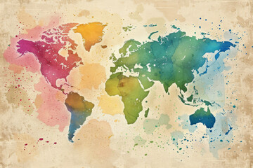  Colorful watercolor world map showcasing continents and countries, blending vibrant hues for a visually stunning effect.