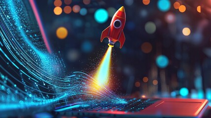 Poster - A lively rocket launches from a laptop, immersed in a vibrant spectrum of cosmic waves, symbolizing innovation, creative exploration and the power of technology.