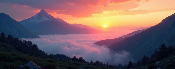 Wall Mural - Mountainous landscape at dawn with misty veil, sea, landscape, sunrise