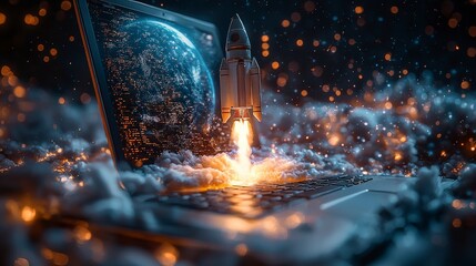 Poster - A stunning visual representation of a rocket propelling from an open laptop, symbolizing the bridge between technology and space exploration, filled with ethereal clouds.