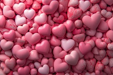 Wall Mural - A plethora of volumetric hearts are set against a pink background to represent love on Valentine's Day