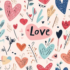 Poster - This modern abstract kids background is a seamless pattern composed of hand-drawn hearts, lettering, and love elements, ideal for use in print, textile, and wallpaper designs