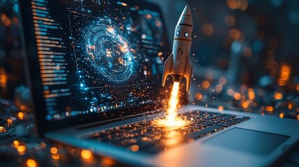 Poster - An imaginative scene of a rocket taking off from a laptop keyboard against a colorful backdrop, highlighting the intersection of technology and creativity in digital art.