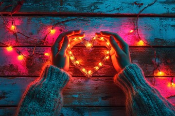 Wall Mural - On a wooden and bokeh-lit background, two hands are seen embracing a red heart shape adorned with LED lights, embodying the concept of Valentine's Day and romantic love