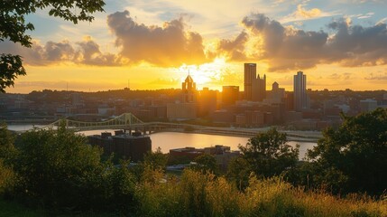 Poster - city skyline during sunset with golden hues.