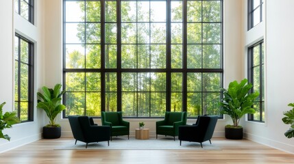 Poster - Modern Interior Space with Large Windows and Green Indoor Plants