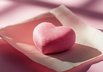 Poster - The image features a pink heart on a matching pink background, creating a simple love still life