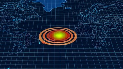 Poster - Seismic activity visualization revealing expanding earthquake epicenter across world map, graphically demonstrating wave propagation and potential impact zones with dynamic color coded simulation