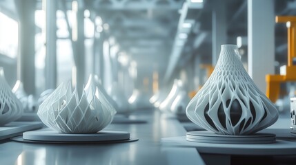 Poster - factory where products are designed using 3D printing technology and AI optimization for maximum efficiency