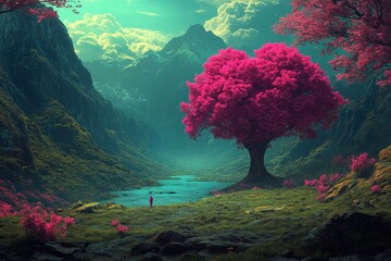 Poster - The Fantasy Meadow offers a romantic Valentine's Day scenery complete with heart-shaped trees and flowers, a pink heart, and an Stock hyper-realistic and photorealistic atmosphere