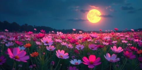 Wall Mural - a field of cosmos flowers bathed in the soft, lunar light of a full moon, field, light, full moon