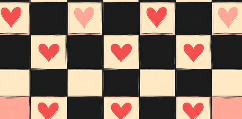 Poster - The background print features a checkered romantic pattern of pink hearts, accompanied by a seamless illustration of red love hearts, ideal for Valentine's day and romantic wedding designs
